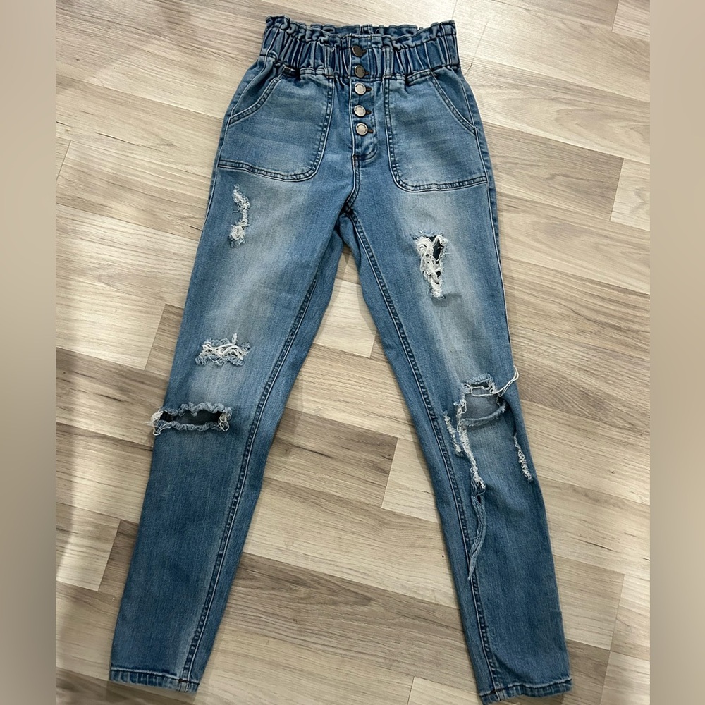 Cest Toi Paperbag Skinny Jeans Juniors Small Blue Scrunched Waist Distressed.‎